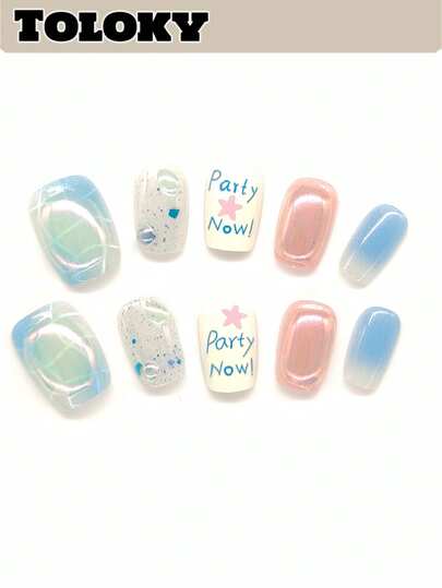 10pcs Handmade Press On Nails Short Nails Square Nails Tips Pink Star Cute Hand-Painted With 3pcs Nail Art Tools Nail Glue Nail Supplies Fake Nails For Women And Girls To Party Travel Daily School Blue Fine Glitter Gradient Blend Press On Nail Charms Press On Nails Short Fake Nails Nail Accessoriesnail Art