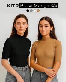 Kit 2 Women's Blouse High Neck Ribbed Premium 3/4 Sleeve Basic Elegant Comfortable Classic And Timeless Women's Fashion Ideal For Work Everyday Or Going Out Combines With Jeans Skirt Or Shorts Versatile Style Essential Piece That Enhances The Look With Comfort And Quality - 黑色+裸色 - 查看 1