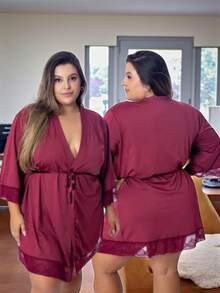 Women's Plus Size Robe In Romantic With Lace Detail And Satin Bow, Luxury, Comfortable, Wine - Burgundy - View 5