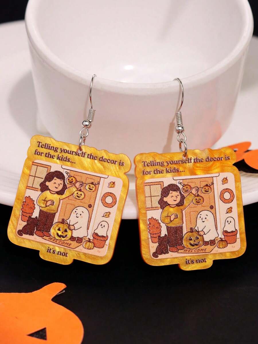 1 Pair Unique Acrylic Cartoon Text Earrings, Funny & Quirky Design, Suitable For Halloween, Daily Wear, Holiday Party Jewelry