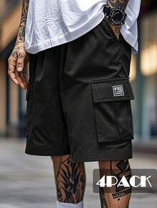4-Pack Men's Summer Cargo Shorts - Non-Stretch Fabric, Geometric Pattern, Regular Fit And Multi-Pocket Design, Suitable For Outdoor Sports, Street Style, Travel And Leisure Travel, Durable Material, A Must-Have Street Wear In Summer - 卡其+灰+藍+黑 - 查看 4