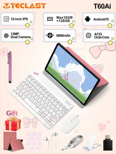 Teclast Teclast T60Ai Android 15 Tablet 12inch IPS, 2000*1200Resolution,Allwinner A733 Octa-Core ,16GB(6GB+10Gvirtual) RAM,128GB ROM,8000mAh Battery,Back13MP+Front 5MP Camera,2in 1 Tablet PC, Pink Tablet Case,With Keyboard &Wireless Mouse,Mouse Pad Accessory Bundle