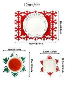 12pcs Christmas Placemat Set - Red & Green Hollow Snowflake Felt Design, Anti-Skid & Decorative Table Mats For Holiday Dining, Christmas Table Decor - Multicolor - View 3