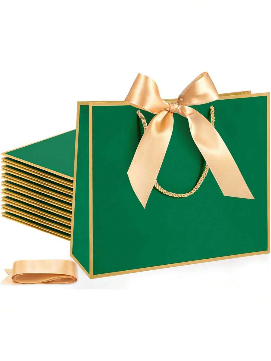 10个装 - 圣诞礼品袋，牛皮纸礼品袋，带蝴蝶结丝带，圣诞礼品包装购物袋，新年感谢礼品袋，带提手，横式纸质礼品袋，适合婚礼伴娘，男女通用，带提手，适合生日、婚礼、伴娘派对回礼、零售礼品袋、收纳袋（绿色）