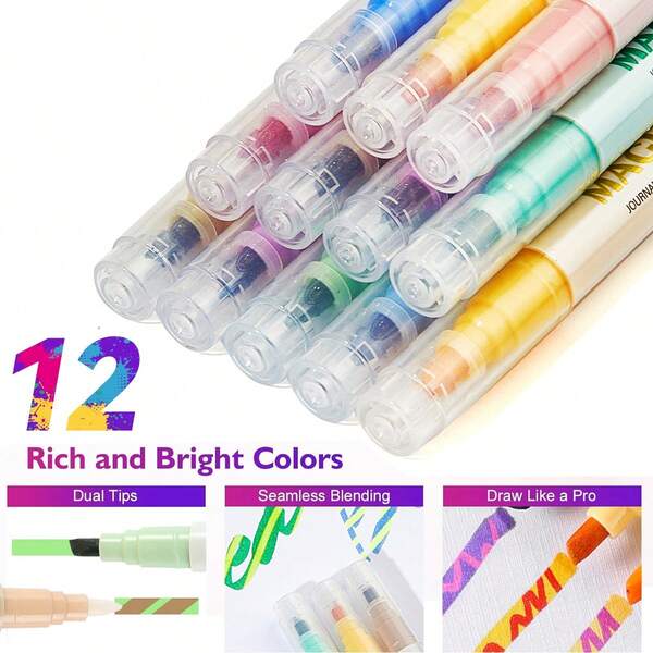 12pcs/Set Magic Color-Changing Fluorescent Pens | Double-Ended Chisel Tip , Assorted Soft Tones | Perfect For Color-Changing Highlighting, Diary Notes & Drawing | Ideal For Classroom & Office Use