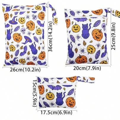 3pcs Halloween Wetbag Baby Cloth Diaper Wet Dry Bags Waterproof Reusable One Pocket Travel Beach Pool Daycare Soiled Baby Items Yoga Gym Bag For Swimsuits Or Wet Clothes
