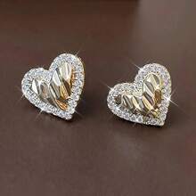 1 Pair Modern Women Heart Earrings Jewelry Accessories Fashion Geometric Rhinestones Zirconia Stud Earrings Birthday/Halloween/Holiday Gifts Everyday Jewelry, Elegant Accessory Valentine's Day Gift - 金色 - 查看 6