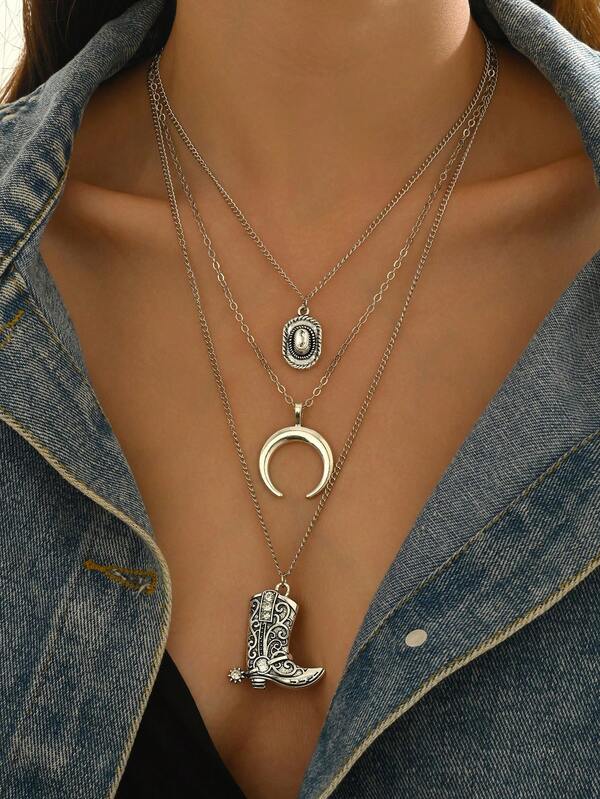 1pc Fashionable Minimalist Hip-Hop Western Cowboy Style Moon Crystal Boots Pendant Multi-Layer Chain Necklace