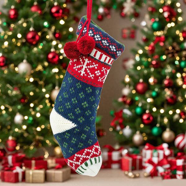 Meias de Natal de pelúcia macias e tricotadas com pompons, decoração aconchegante e ideal para pendurar e presentes de Natal para a família