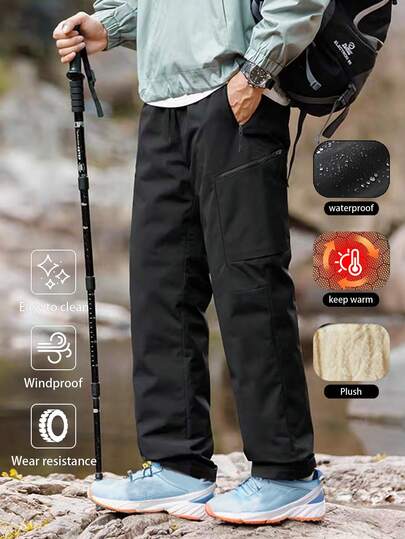 Men's Winter Waterproof Windproof Ski Pants – Fleece-Lined & Thickened Insulated Cargo Trousers With Graphene Thermal Pads, Multi-Zipper Pockets, Reinforced Knees, Adjustable Waist & Boot Gaiters, Cold-Weather Softshell Hiking Snowboard Pants For Skiing, Snowshoeing, Polar Expedition, Trekking & Daily Winter Commute