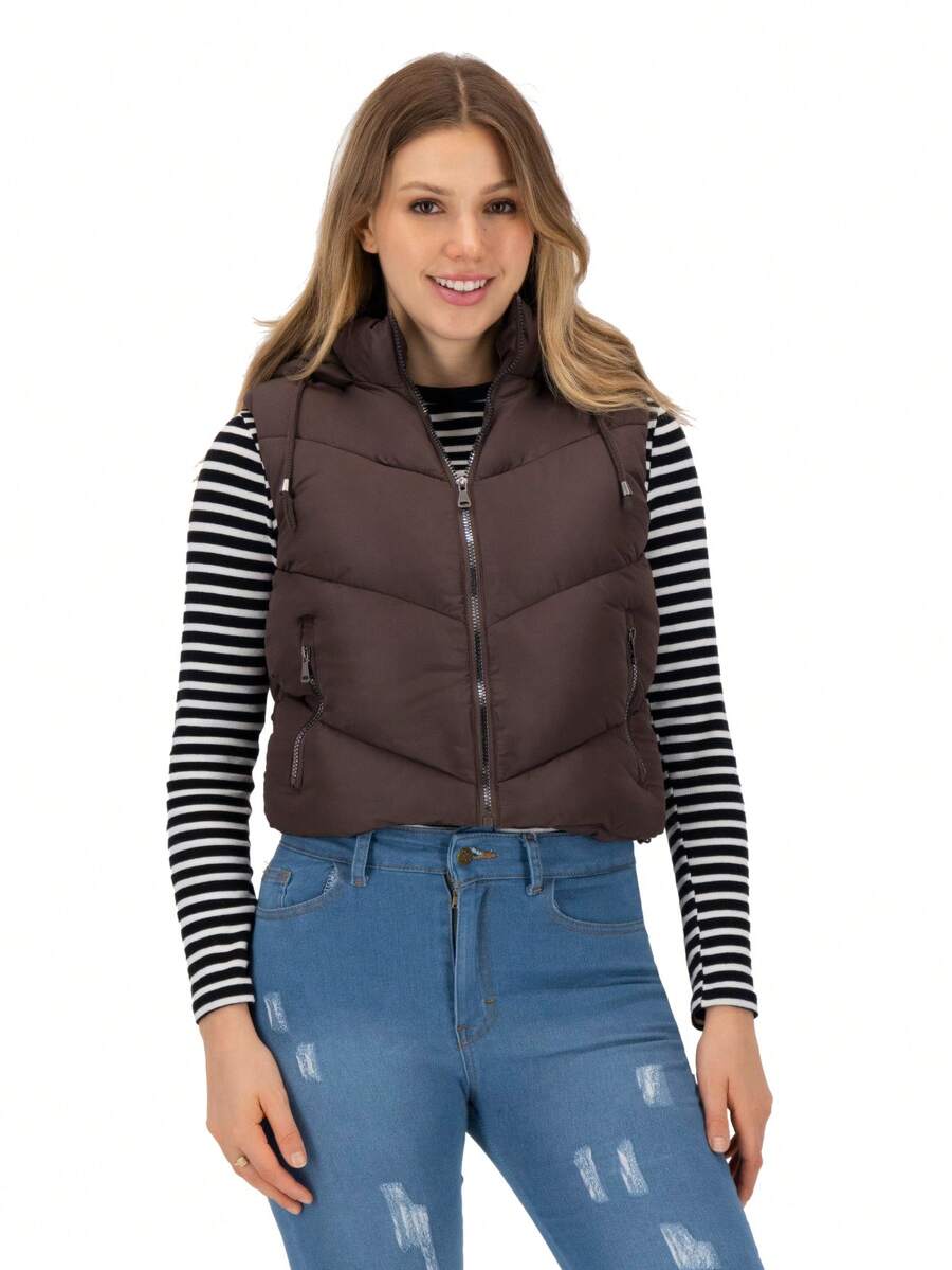SAKERS OUTDOOR CLOTHING Chaleco informal de cuello alto para mujer, con bolsillos con cremallera, largo regular, tejido revestido, ligeramente elástico Chaleco Acolchado Dama Invierno Casual Moda, Capucha Sakers - Marrón - View 1