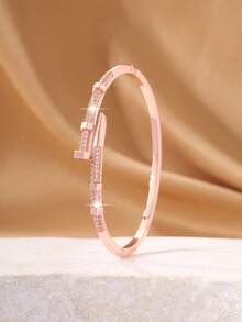 1pc Elegant Rivet Bangle, Copper Micro-Inlaid Zirconia Bracelet, High-End Design Open Cuff Bracelet, Suitable For Holiday Gifts - Rose Gold - View 3