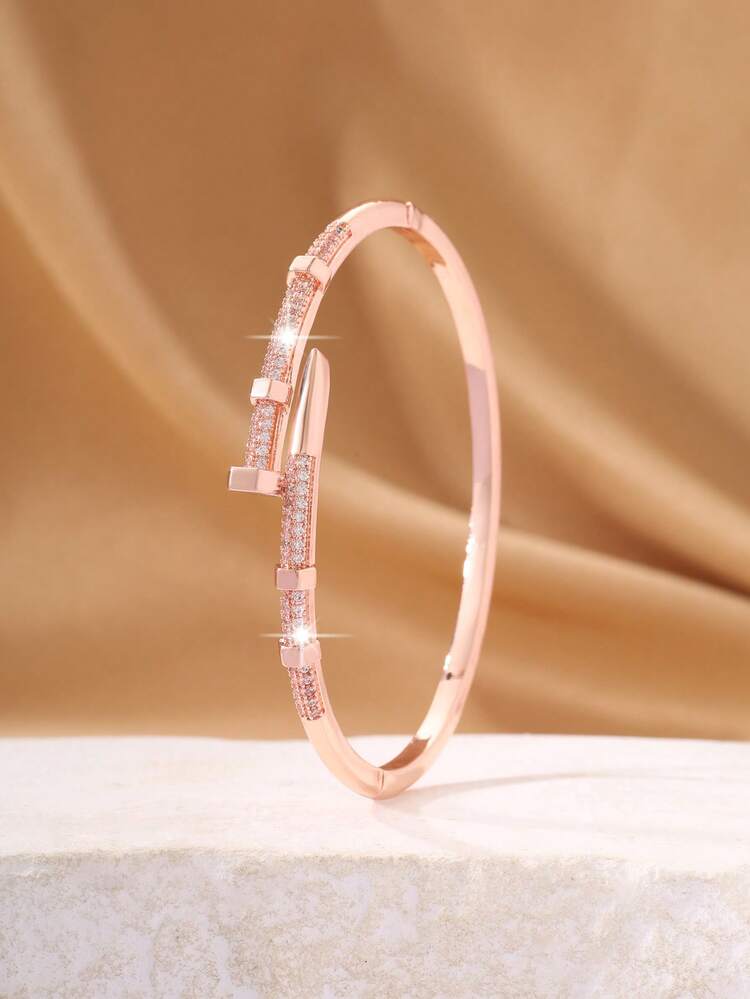 1 pieza Brazalete elegante con remaches, brazalete de cobre con microincrustraciones de circonita, diseño de alta gama de brazalete de puño abierto, adecuado para regalos de vacaciones - Oro rosa - Añade 3