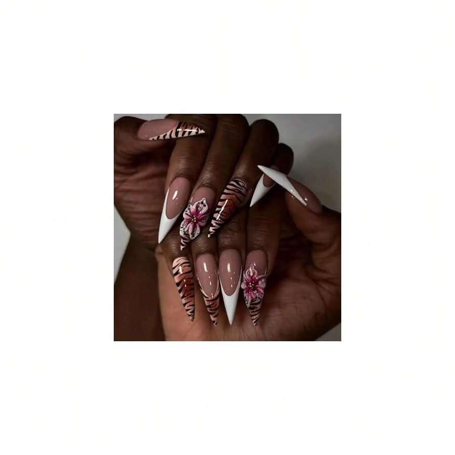 Stiletto Press On Nails Long Fake Nails Brown Glue On Nails 3d Texture Flower Handmade Acrylic Nails 24Pcs Coquette Almond False Nails Manicure French Tip Full Cover Stick On Nails - 多色25 - 查看 1
