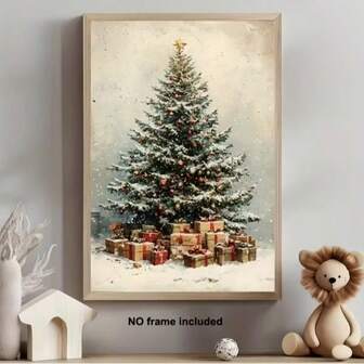 Vintage Christmas Tree & Gift Canvas Art - Frameless Wall Decor For Living Room, Dining Area, Or Cafe, For Christmas,Frameless,You Can Prepare A Frame In Or Larger To Match Your Wall Painting; Assemble And Install By Yourself, Fully Enjoy The Fun Of DIY.