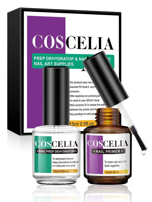 coscelia 2PCS 15ML Nail Prep Dehydrator & Nail Primer Set, Nail Primer & Dehydrator Nail Kit For Air Drying Nail Supplies For Women DIY Salon Christmas Gift