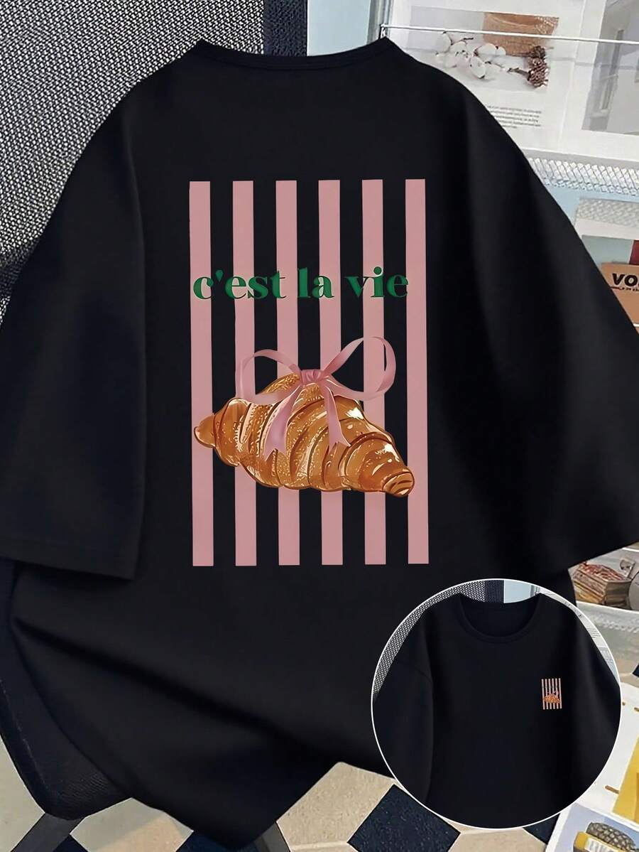 大码女式休闲短袖T恤，饰有活力羊角面包和条纹图案，圆领春夏上衣，大码女式T恤，大码女式秋季服装，大码女式秋冬服装，女式秋冬服装，冬季服装，女式冬季服装，户外女式上衣，情人节女装，大码女装，情人节黑色 - 黑色 - 查看 1