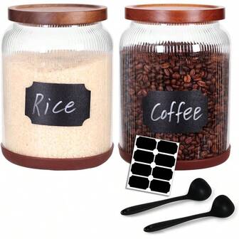 2 - Pack Striped Borosilicate Glass Airtight Canisters - Big Mouth Large Capacity, Acacia Wood Lid, Food Storage Jars Flour, Pasta, Pantry Organization 1 Gallon 2 Striped Pack