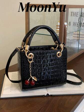 Large Capacity Handbag For Women, Luxurious Black Color, Adjustable Shoulder Strap For Crossbody Or Shoulder Carry, With Cherry Pendant Decor