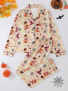 2 Pieces Sets Women's Pajama Set, 2-Piece Set, Lapel Button Long Sleeve, Loose Elastic Long Pants, Suitable For All Seasons, Home Wear, Outdoor Wear, Comfortable And Loose, New Full Body Allover Print Pattern - Multicolor - View 1