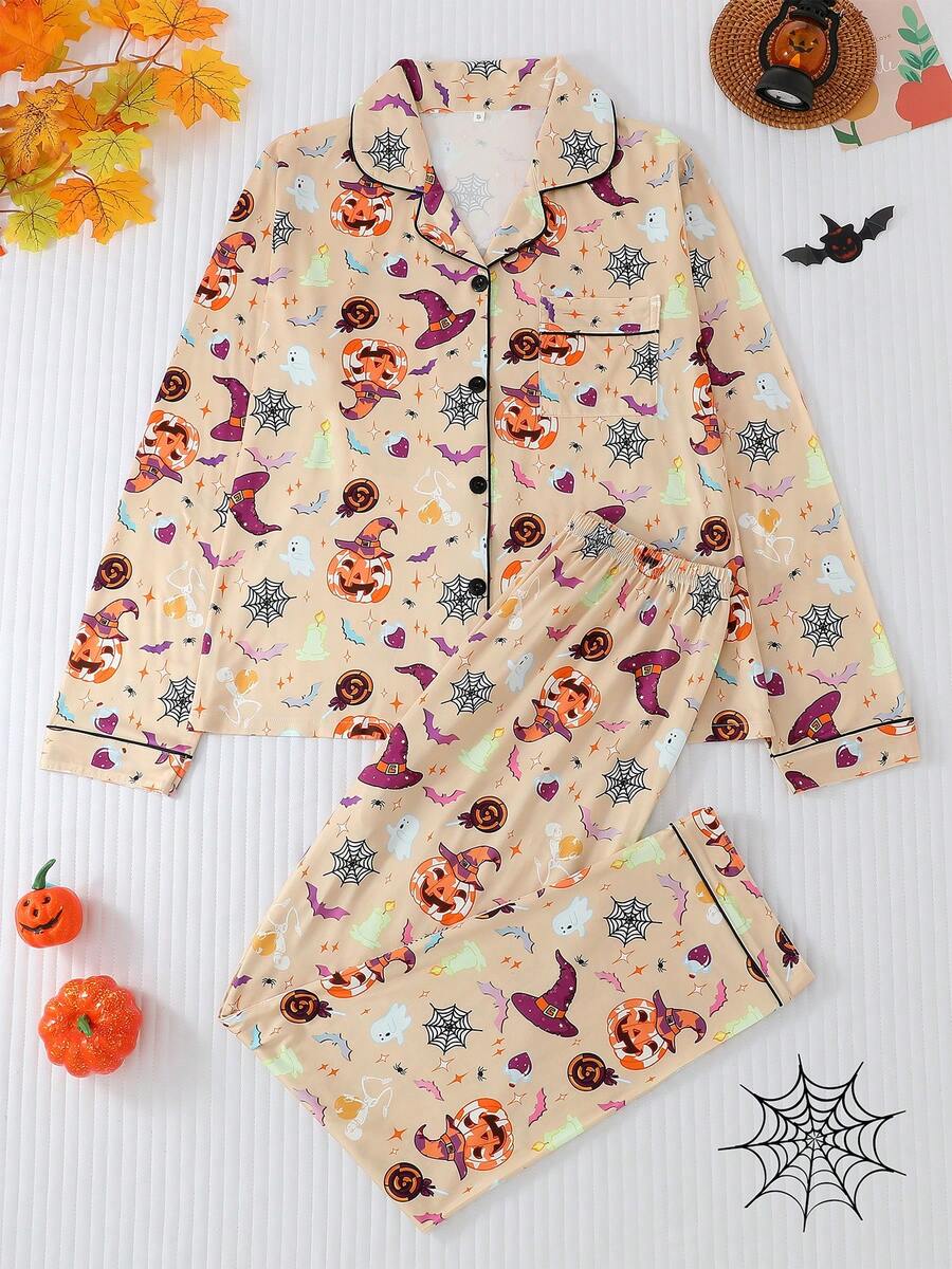 2 Pieces Sets Women's Pajama Set, 2-Piece Set, Lapel Button Long Sleeve, Loose Elastic Long Pants, Suitable For All Seasons, Home Wear, Outdoor Wear, Comfortable And Loose, New Full Body Allover Print Pattern - Multicolor - View 1