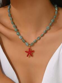 1 件优雅时尚的女士波西米亚风格珠宝项链，带有各种海洋元素 - 金海星、彩色人造贝壳、贝壳、金鱼吊坠、海马、红龙虾、美人鱼、螃蟹、竹珠、仿玉珠，适合所有季节 - 彩色 - 查看 2
