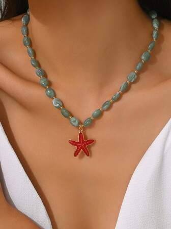 1pc Elegant & Fashionable Women's Bohemian Jewelry Necklace With Assorted Ocean Elements - Gold Starfish, Colorful Faux Shell, Seashell, Gold Fish Pendant, Seahorse, Red Lobster, Mermaid, Crab, Bamboo Bead, Faux Jade Bead, Suitable For All Seasons