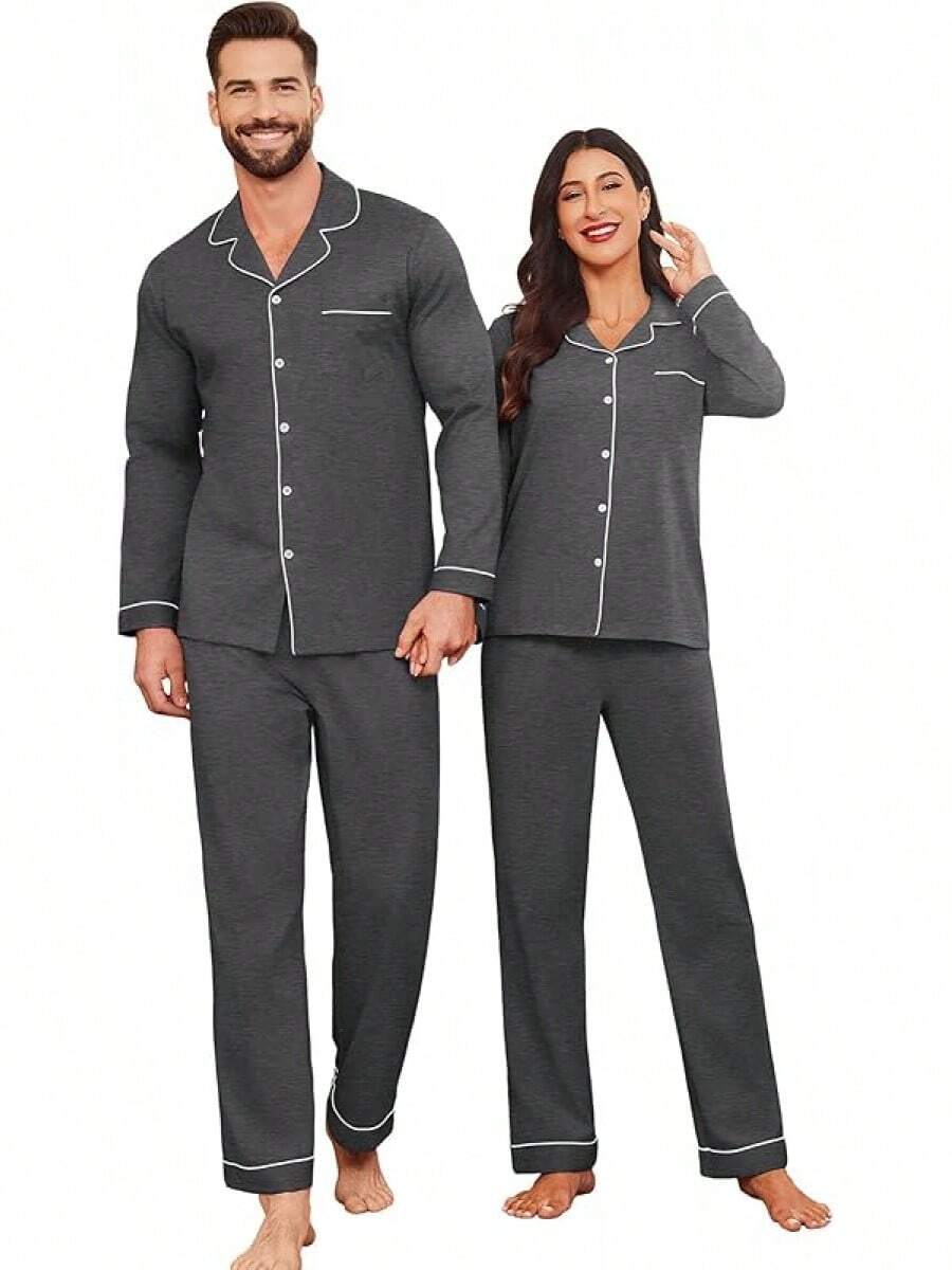Couple Matching Pajamas 100% Cotton Long Sleeve Sleepwear Button Down Loungewear Pjs Set S-XXLhalloween - 深灰色 - 查看 1