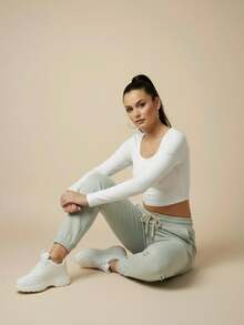 Women's Plush Jogger Sweatpants With Drawstring And Pocket | Winter Pants, Cold Weather Clothing, Comfortable, Warm, Casual, Thermal - 淡綠色 - 查看 10