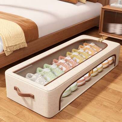 1pc Large Capacity Waterproof Bed Bottom Storage Box, Multifunctional Linen Clothing Storage Box, Strong Steel Frame Support And Load-Bearing Capacity, Foldable Storage Box With Lid Under The Bed, Space Saving, With Visible Windows