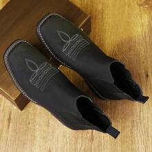 Men's Retro Embroidered Ankle Boots With Square Toe, Rough Upper, Stitching Details, Durable And Casual Shoes For One Foot - 深黑色 - 查看 3