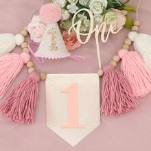 Pink Handmade 1st Birthday High Chair Banner With Wild One Cake Topper 1st Birthday Cone Hat Happy Birthday Party Decorations For Baby Girls Photoshoot Props Photo Props