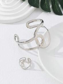 2 件时尚百搭空心几何手链和戒指套装，适合女性日常、派对和休闲穿着 - 鏤空幾何 - 查看 12