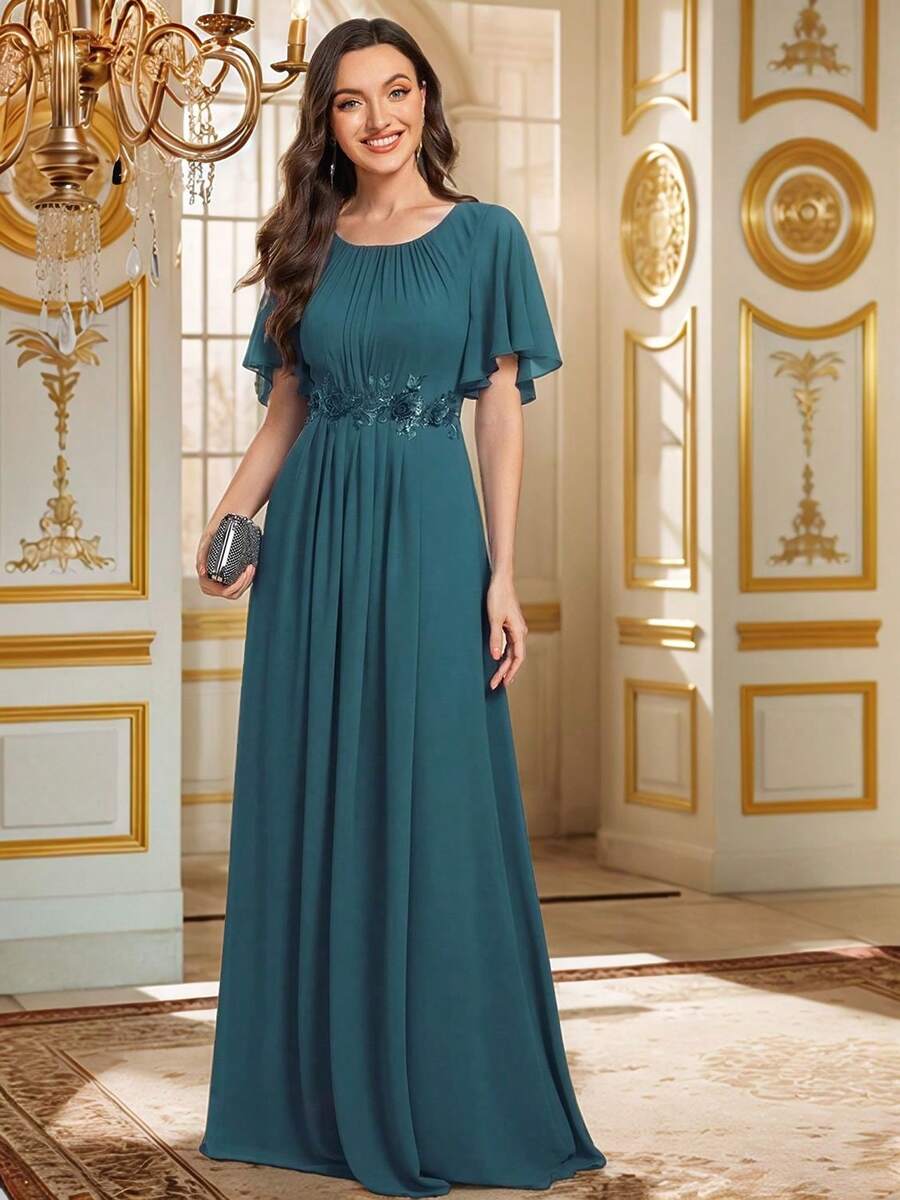 优雅刺绣荷叶袖褶皱雪纺伴娘礼服、正式礼服、婚礼宾客礼服