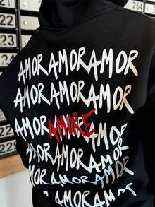 Krometka 男士标语印花抓绒连帽衫，秋冬季街头风 - 黑色 - 查看 6