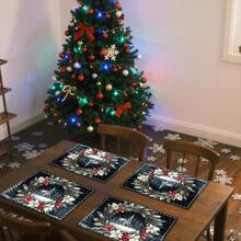 1 buc/4 buc/6 buc/100 buc Covorașe Placemat cu model de scenă bisericească cu fructe de pădure de ilex și poinsettia, Covorașe Placemat dreptunghiulare din poliester, lavabile la mașină, Protecții de masă, Covorașe Placemat termoizolante, Decorațiuni de masă pentru restaurant, Articole pentru petreceri, Decorațiuni de Crăciun, Pot fi oferite cadou