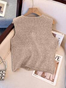 1 Stück minimalistischer einfarbiger weicher und sanfter Metallknopf Dekor Strickweste, vielseitiger Rundhals Modepullover für Frauen, Herbst/Winter