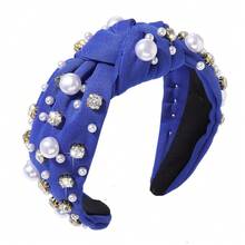 Pearl Headband Sparkly Rhinestone Pearls Knot Hairband Wide Knotted Headband Headpiece Spring Summer Pink Black Headbands Headwear Accessories (Royal Blue Knot Hairband) - Royalblueknot髮帶 - 查看 1