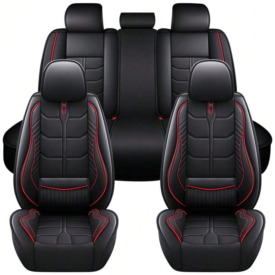 Leather Car Seat Covers Front Pair, Waterproof Faux Leather Seat Covers For Cars, Non-Slip Car Interior Covers Universal Fit For Most Cars Sedans Trucks SUVs - Sọc đen và đỏ tiêu chuẩn - Xem 1