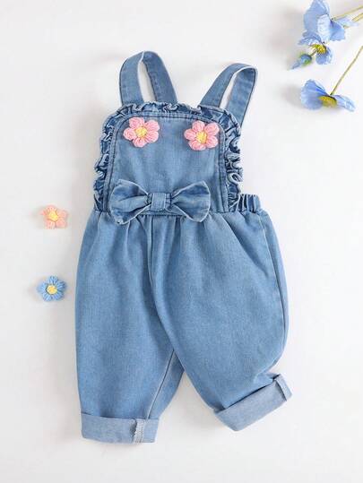 Baby Girl Casual Floral Lace Decor Jumpsuit With Bowknot Waist