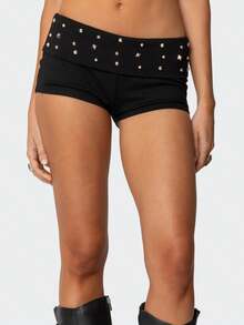 Women Studded Fold Over Shorts Y2k Low Waist Rivet Micro Shorts Slim Fit Boyshorts Goth Rave Mini Bottoms Party Clubwear - màu đen - Xem 1