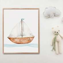 Ancla de barco náutico de estilo de dibujos animados para habitación de niños, póster artístico de barco con rueda, pintura en lienzo, impresiones de pared, imagen para decoración del hogar y la sala de estar - 2 - Ver 4