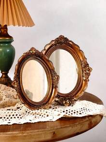 1pc Retro Oval Shaped Decorative Mirror, Antique Brass Color, Vintage Palace Style, Resin Frame, Suitable For Vanity, Jewelry Storage, Photography Props And Decoration
