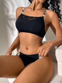 Set de lencería para mujer de 2 piezas con encaje y parche - Sujetador inalámbrico cómodo con tirantes cruzados y conjunto de ropa interior tipo cheeky