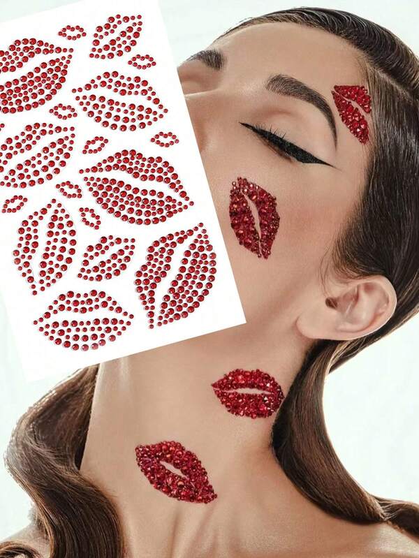 1 peça de adesivo de tatuagem temporária com strass e design realista para lábios, lábios vermelhos, joias corporais, presente para mulheres, adesivo de pedras preciosas para o dia dos namorados, adesivos autoadesivos, duráveis e à prova d'água, acessórios para raves, strass, acessórios para festivais, joias corporais, acessórios para shows, glitter corporal, Y2K, cosplay, acessórios para festas e bailes de máscaras, decalques faça você mesmo para rosto/corpo/unhas