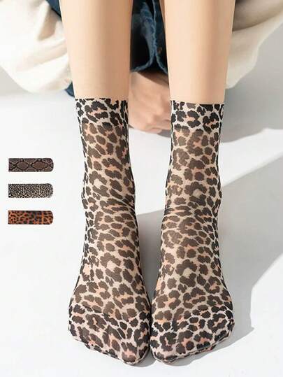 3 pares de calcetines cómodos de tubo medio para mujer con estampados de leopardo, serpiente, tigre y flores