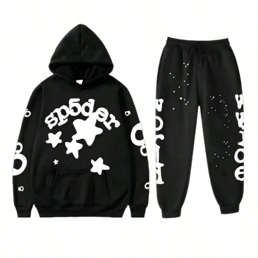 Casual Sports Hoodie Set - Star And Letter Art Print, Loose Fit, Combination For Daily Streetwear And Sports Outfits - 黑色 - 查看 1