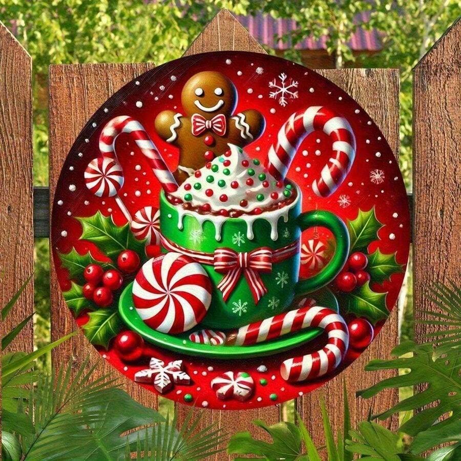 Geek Bar 1 buc. Semn rotund din aluminiu pentru cadou de Crăciun, stil rustic, cu tematică de turtă dulce și acadea, 8x8inch (20x20cm), artă de perete de sărbători pentru interior și exterior, potrivit pentru casă, bar, garaj, cafenea, decorațiuni pentru uși și pereți de grădină, decorațiuni pentru casă, decorațiuni de Crăciun, decorațiuni pentru cameră