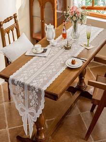 1pc New 48*250cm Floral Vine & Bow Lace Decorative Table Runner, Suitable For TV Stand, Furniture - White - View 8