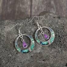 A Pair Of Retro Bohemian Style Round Hollow Colorful Pattern Dangling Water Drop Pendant Alloy Glue Earrings - 彩色 - 查看 4